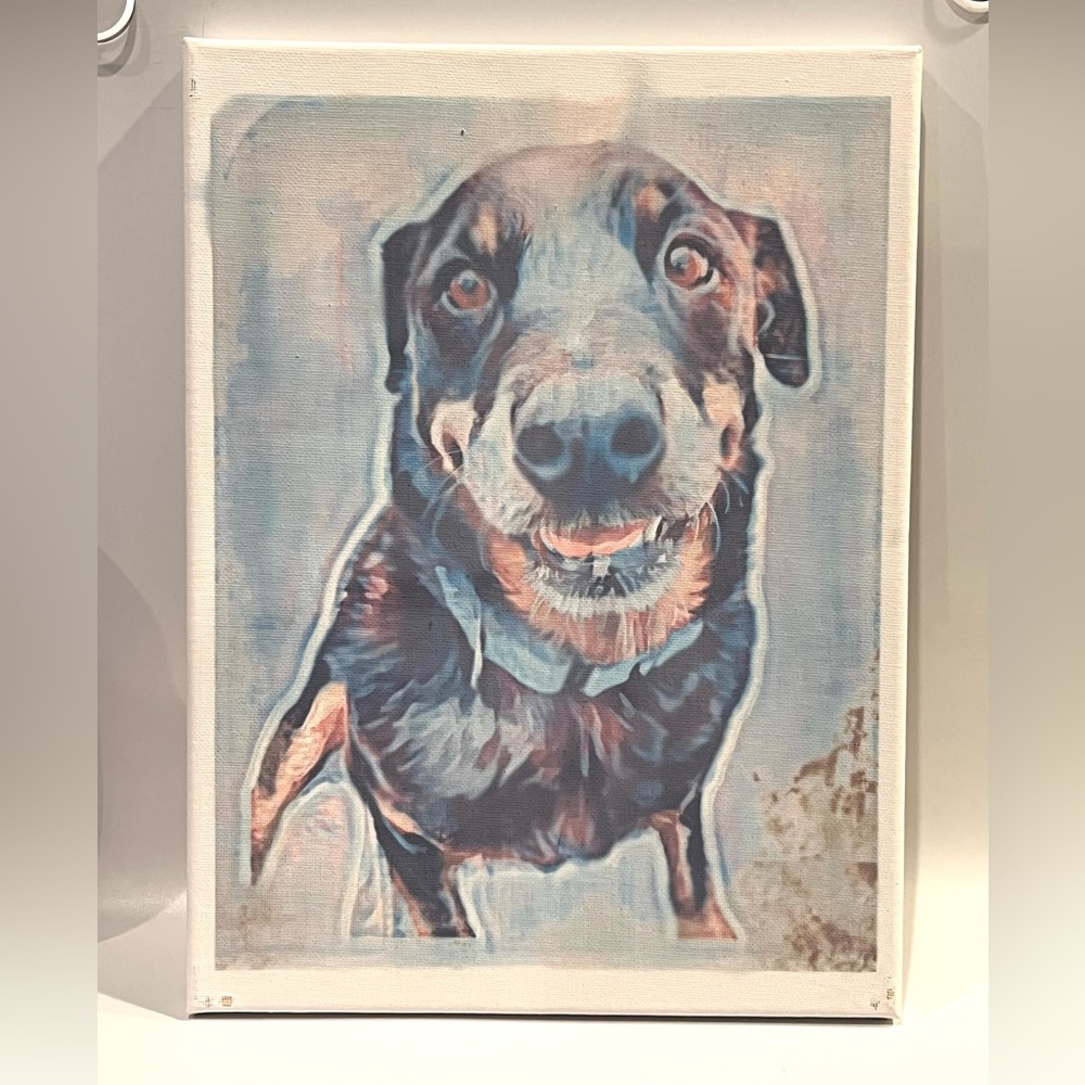 Colorful “Rottie” dog canvas sign.